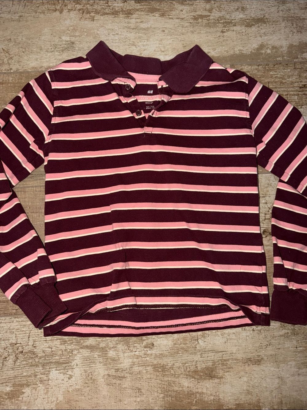 H&M Girls Long Sleeve Polo Shirt - Pink & Burgundy Stripes